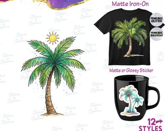 Tropical Palm Tree Watercolor Illustrated Graphic Ready-to-Apply Iron-On Transfer or Sticker