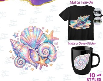 Seashells Shells Pastel Watercolor Graphic Ready-to-Apply Iron-On Transfer or Sticker