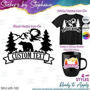 Mountains Bear, Wolf, Moose Text Custom Ready-to-Apply Iron-On Transfer or Sticker