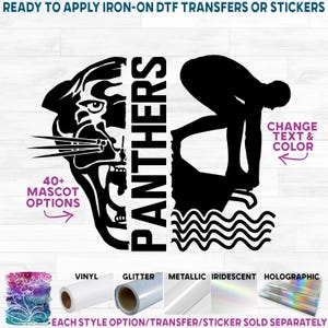 s317-M Swim Swimming Swimmer Split Team Name Custom Text 44 Mascots 250+ Colors Matte Vinyl DTF Iron On Heat Press Applied T-Shirt Transfer