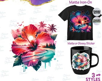 Hibiscus Flower Beach Sunset Graphic Ready-to-Apply Iron-On Transfer or Sticker