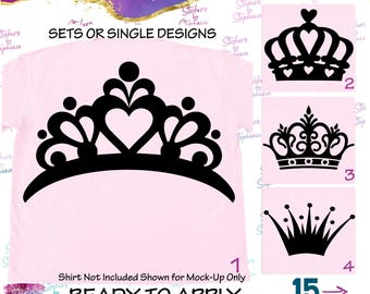 May include: Black iron-on crown transfers on a light pink background. The text reads Stickers by Stephanie, SETS OR SINGLE DESIGNS, Shirt Not Included Shown for Mock-Up Only, READY TO APPLY IRON ON TRANSFERS, and 15 STYLES.