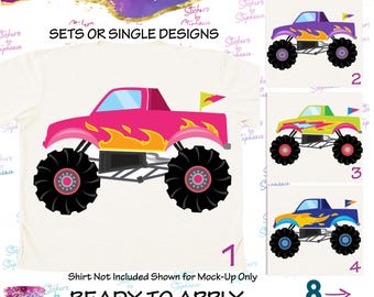 Monster Trucks Pink Purple Green Graphic Ready-to-Apply Iron-On Transfer