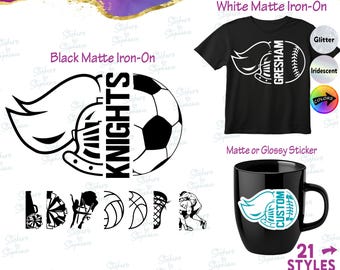 Knights Ironmen Mascot Cheer Soccer Football Split Custom Team Name Iron-On Transfer or Sticker