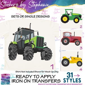 Farm Tractor Green Red Yellow Blue Illustrated Graphic Ready-to-Apply Iron-On Transfer or Sticker