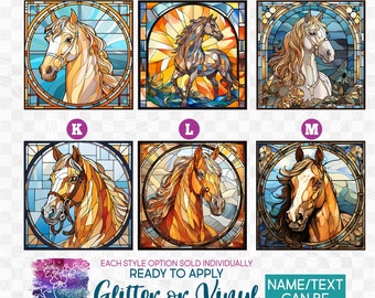 s150-10 Ready to Apply IronOn Transfer or Sticker Decal Stained Glass Style Brown Tan Cream Horse Horses Vinyl/Glitter/Holographic