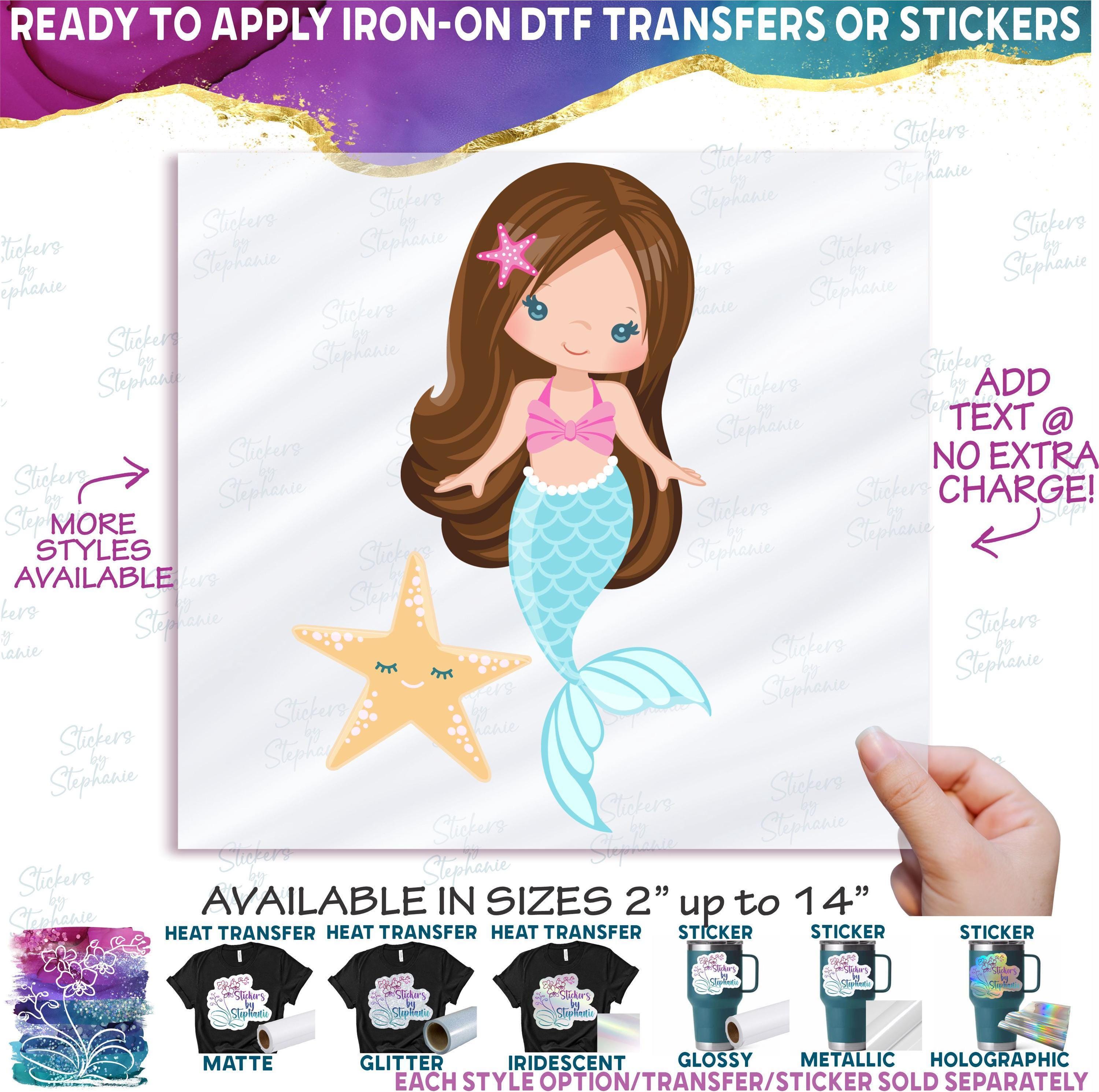 s198-6 Brunette Mermaid Starfish Fish Set of 4 or Single Image Matte Vinyl DTF Iron On Heat Press Applied T-Shirt Transfer
