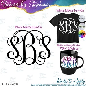 May include: A display of monogram designs featuring the letters SBS in a cursive script. It includes a large black matte iron-on decal, a black t-shirt with a white matte iron-on monogram, and a black mug with a multi-colored gradient sticker.