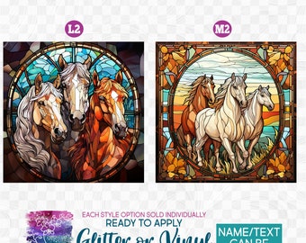 s150-10 Ready to Apply IronOn Transfer or Sticker Stained Glass Brown Tan Cream White Horse Horses Trio Vinyl/Glitter/Holographic