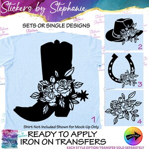 May include: A light blue t-shirt mockup displaying a black silhouette of a cowboy boot with floral accents. To the right, three square panels show black designs: a hat with flowers, a horseshoe with flowers, and a floral arrangement with the numbers 2, 3, and 4.