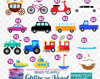 s259-3 Ready to Apply IronOn Transfer or Sticker Car Train Bicycle Monster Truck Tractor Submarine boat Vinyl/Glitter/Holographic