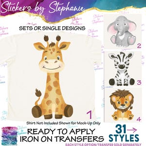Safari Animals Giraffe Zebra Elephant Lion Graphic Ready-to-Apply Iron-On Transfer or Sticker