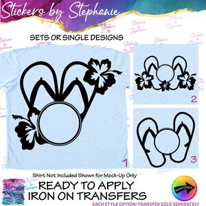 The image is a collage of three different designs featuring a floral pattern and a circular shape, along with instructions for applying iron-on transfers.