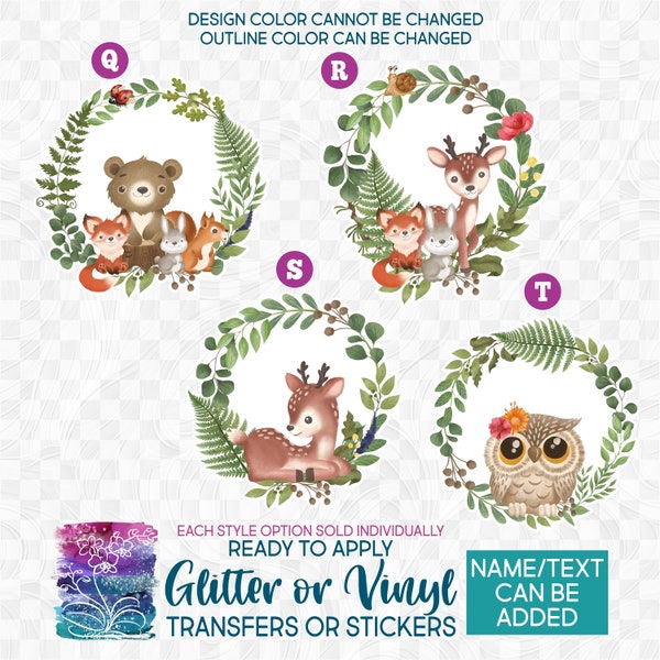 s102-4 Ready to Apply IronOn Transfer or Sticker Watercolor Wreath Forest Animals Deer Owl Fox Bear Hedgehog Vinyl/Glitter/Holographic