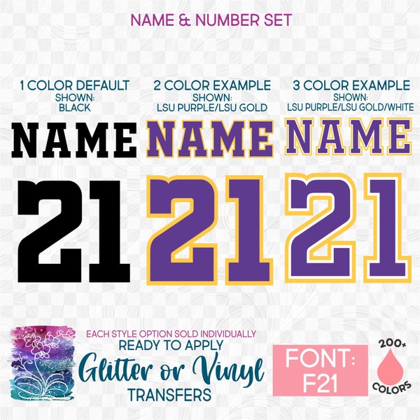 s097-F21 Ready to Apply Vinyl or Glitter IronOn Transfer Custom Name Text Team Name and Player Number Block 200+ Colors