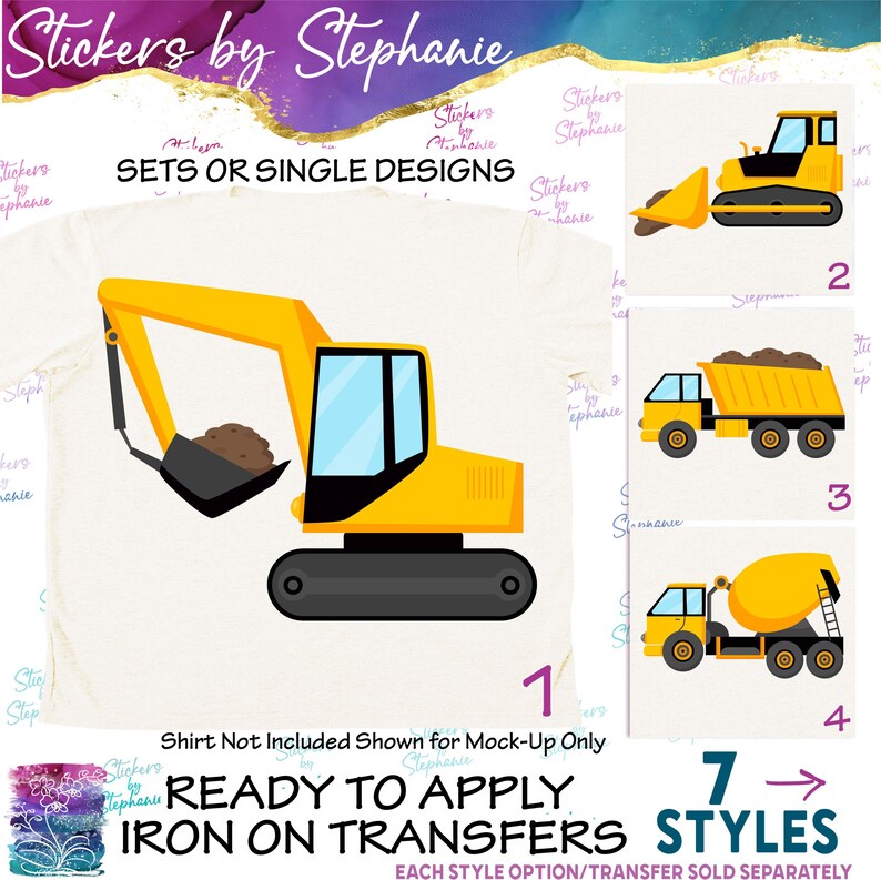 Construction Yellow Vehicles Graphic Ready-to-Apply Iron-On Transfer image 1