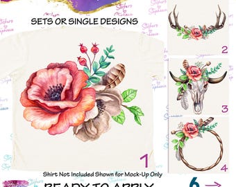 Rose Rustic Boho Flowers Cow Skull Antlers Watercolor Graphic Ready-to-Apply Iron-On Transfer or Sticker