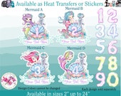 Ready to Apply Heat Transfer Vinyl Iron On or Sticker B (s198-P4 Custom) Mermaid Age Number Monogram Letter Name Text Watercolor Glitter