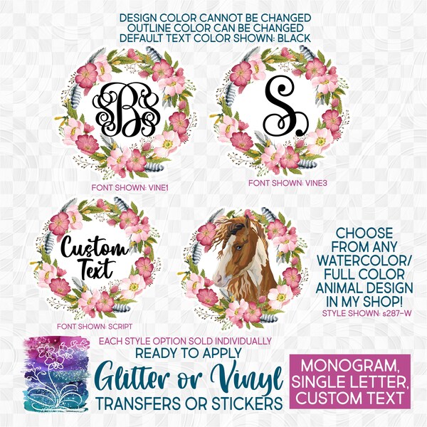 s002-2A Ready to Apply IronOn Transfer or Sticker Watercolor Wild Rose Roses Monogram Wreath Custom Text Name Vinyl/Glitter/Holographic
