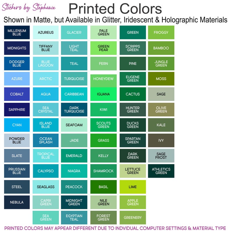 The image is a collage of various printed colors, including those shown in the image and available in glitter, iridescent, and holographic materials.