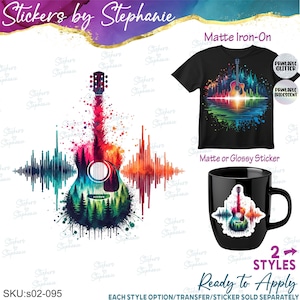 May include: A graphic design featuring a guitar silhouette filled with a forest landscape and sound wave patterns in vibrant colors. The design is shown applied to a black t-shirt and a black mug, with text labels including Stickers by Stephanie and SKU:s02-095.
