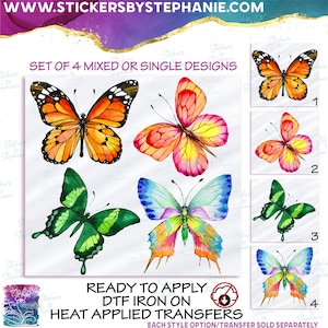 e00005 Watercolor Butterfly Monarch Set of 4 or Single Image Matte Vinyl DTF Iron On Heat Press Applied T-Shirt Transfer