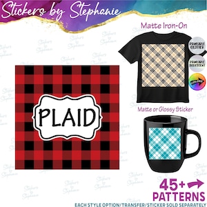 May include: A graphic display featuring a red and black buffalo plaid pattern with the text PLAID in a white label. Includes a black t-shirt with a beige plaid design, a black mug with a teal plaid square, and circular icons for glitter and iridescent options.