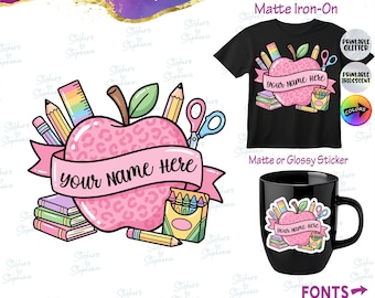 School Pink Apple Supplies Split Name Text Custom Ready-to-Apply Iron-On Transfer or Sticker