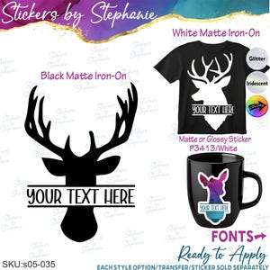 May include: A black matte iron-on deer head silhouette with a horizontal bar for custom text. Includes a black t-shirt with a white deer head graphic, a black mug with a colorful deer head sticker, and text labels for glitter, iridescent, and color options.