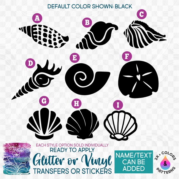 s111 Ready to Apply IronOn Transfer or Sticker  Sea Shells Sand dollar Clam Shell Conch Nautilus Vinyl/Glitter/Holographic