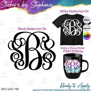 May include: A black matte iron-on monogram letter B with ornate swirls. The image displays a black t-shirt with a white monogram, a black mug with a colorful monogram sticker, and text labels including White Matte Iron-On, Glitter, and Iridescent.