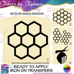 May include: A mock-up image of a light yellow t-shirt with a large black honeycomb design. Additional designs include honeycomb patterns and a blackberry graphic. Text reads "READY TO APPLY IRON ON TRANSFERS".
