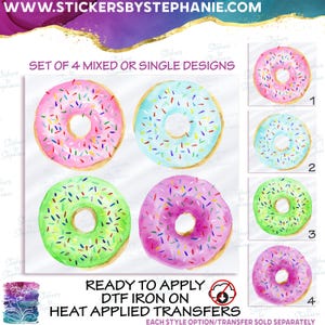 s242-1 Pink Blue Green Purple Donut Watercolor Set of 4 or Single Image Matte Vinyl DTF Iron On Heat Press Applied T-Shirt Transfer