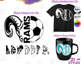 Rams Ram Mascot Cheer Soccer Football Split Custom Team Name Iron-On Transfer or Sticker
