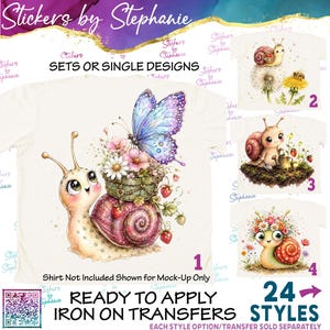 May include: A collection of iron-on transfers featuring cartoon snails with floral and butterfly designs. The main graphic shows a snail with a basket of flowers and a blue butterfly. Additional numbered designs include snails with dandelions, strawberries, and flower crowns.