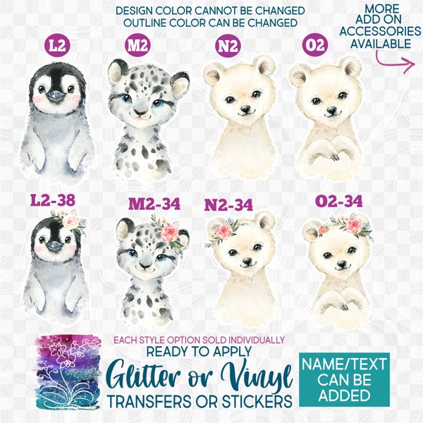s313 Ready to Apply IronOn Transfer or Sticker Decal Penguin Snow Leopard Polar Bear Baby Animal Watercolor Vinyl/Glitter/Holographic