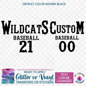 s041-8G Ready to Apply IronOn Transfer or Sticker Baseball Team Name Player  sWildcats Panthers Bulldogs Eagles Vinyl/Glitter/Holographic