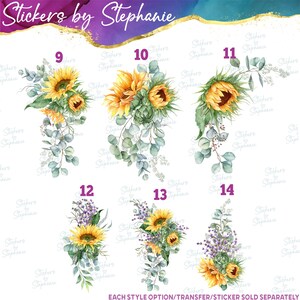a collection of six floral arrangements, each with a different number and style of sunflowers and greenery. The arrangements are displayed in various sizes and orientations, showcasing the versatility and diversity of the designs.