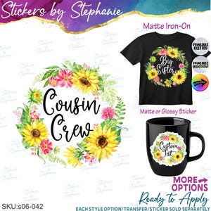 Sunflower Wreath Big, Little, Sister Custom Ready-to-Apply Iron-On Transfer or Sticker