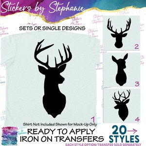 May include: A light blue t-shirt featuring a large black silhouette of a deer head with antlers. To the right, three smaller square panels display additional black deer silhouettes labeled 2, 3, and 4. Text includes Stickers by Stephanie.
