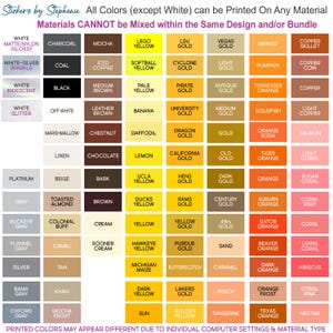 The image is a color palette with various colors listed, including white, black, gray, and other shades. The colors are organized in a grid format, and the text indicates that only specific colors can be printed on certain materials, and that mixing colors within the same design or bundle is not allowed.