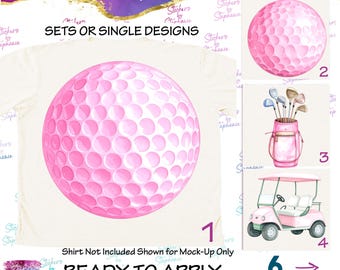 Golf Pink Ball Cart Bag Watercolor Graphic Ready-to-Apply Iron-On Transfer