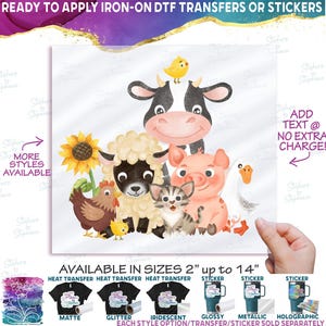 s003-7 Watercolor Farm Animals Set of 4 or Single Image Matte Vinyl DTF Iron On Heat Press Applied T-Shirt Transfer