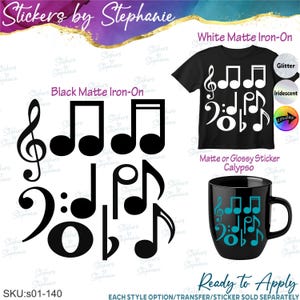 May include: A collection of musical note decals including a treble clef, bass clef, and various notes. The image displays black matte iron-on designs, a black t-shirt with white iron-on notes, and a black mug featuring teal musical note graphics.
