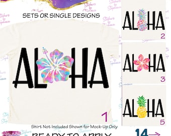 Aloha Block Text Pineapple Hibiscus Plumeria Ready-to-Apply Iron-On Transfer