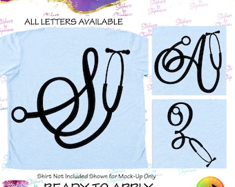 Stethoscope Nurse Doctor Script Monogram Letter Graphic Ready-to-Apply Iron-On Transfer