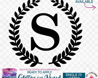 s250-1  Ready to Apply IronOn Transfer or Sticker Laurel Wreath Monogram Letters Numbers 200+ Colors Vinyl/Glitter/Holographic