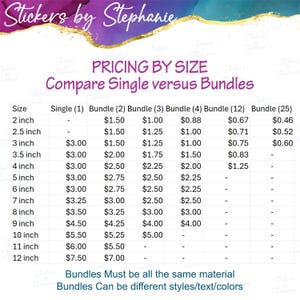 a pricing chart comparing single versus bundle sizes for various materials. The chart provides the prices for single and bundle sizes ranging from 2 inches to 12 inches. The chart emphasizes that bundles must be made of the same material, and it allows for different styles/text/colors to be used.