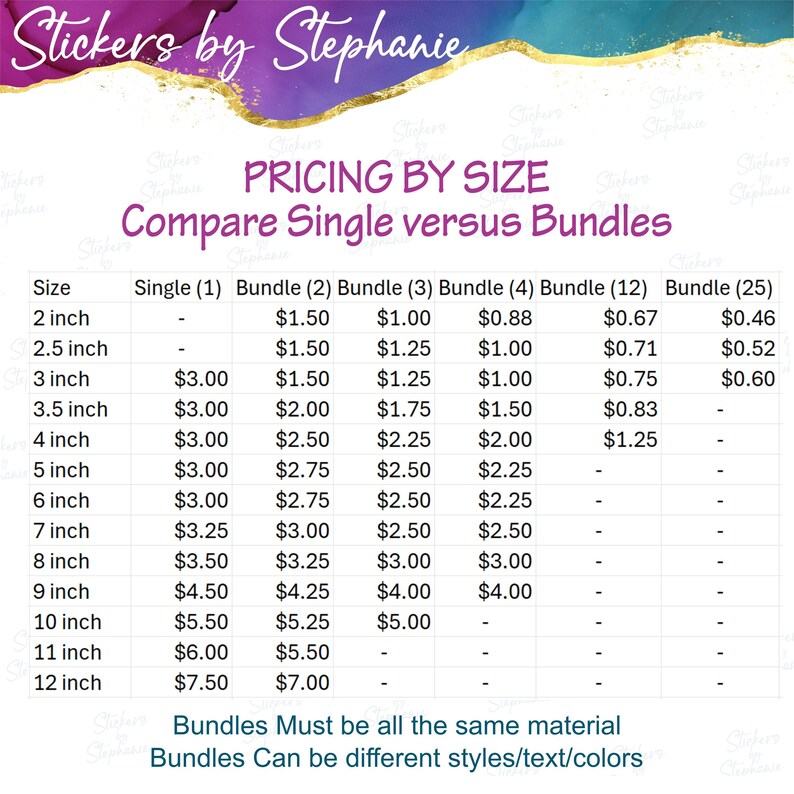 a pricing chart comparing single versus bundle sizes for various materials. The chart provides the prices for single and bundle sizes ranging from 2 inches to 12 inches. The chart emphasizes that bundles must be made of the same material, and it allows for different styles/text/colors to be used.