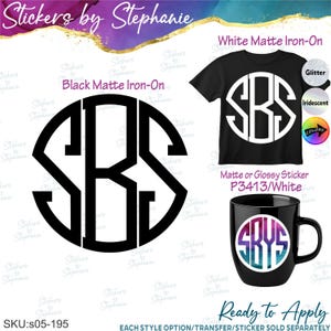May include: A circular monogram design featuring the letters SBS in a bold, black font. The image displays a black t-shirt with a white circular monogram, a black mug with a colorful circular monogram, and text labels for matte, glitter, and iridescent finishes.